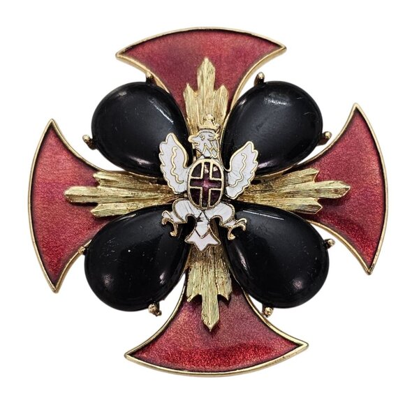 Corocraft Maltese Cross Brooch Red Enamel Black Cabochon Pin, Signed - Picture 1 of 8